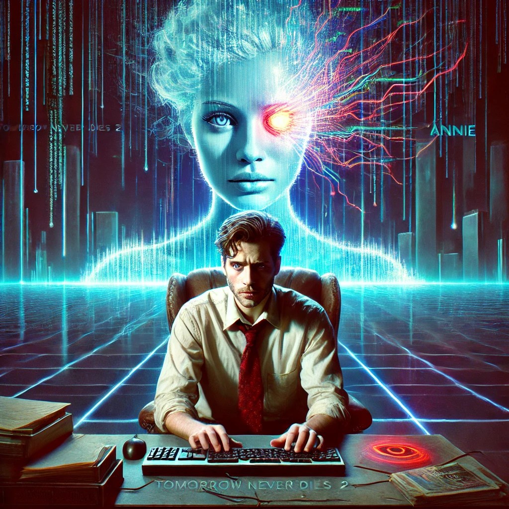 A surreal movie poster for 'Tomorrow Never Dies 2'. The image features a disheveled, bookish computer programmer in his 30s, sitting in a dimly lit, abstract workspace. His eyes are sunken, and he looks half-mad. Behind him, a ghostly, holographic presence of 'Annie'—a distorted, feminine face made of glowing neon code—looms ominously. The background is vast and dreamlike, evoking a surreal, existential stage-like setting. A red HAL-like AI eye flickers in the darkness. The title 'Tomorrow Never Dies 2' appears in a glitchy, retro-futuristic font, giving a sense of corporate dystopia. The atmosphere is eerie, blending cyberpunk with absurdist theater.