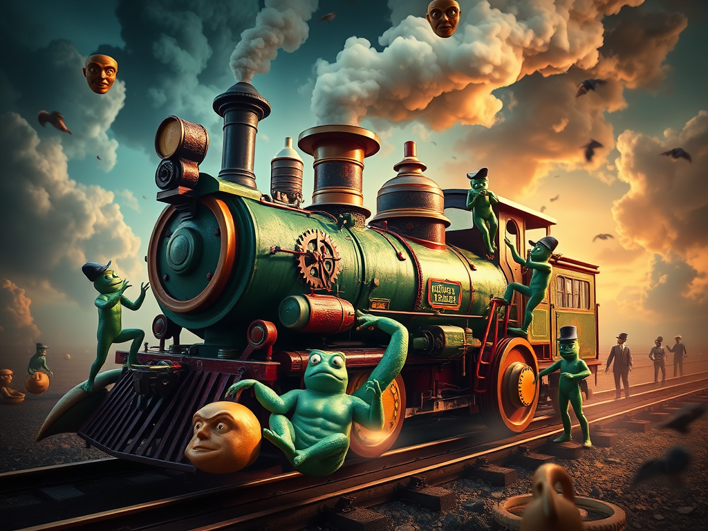 (murder on) the Gumby-engineer, frog-scorpion steam-engine express ...