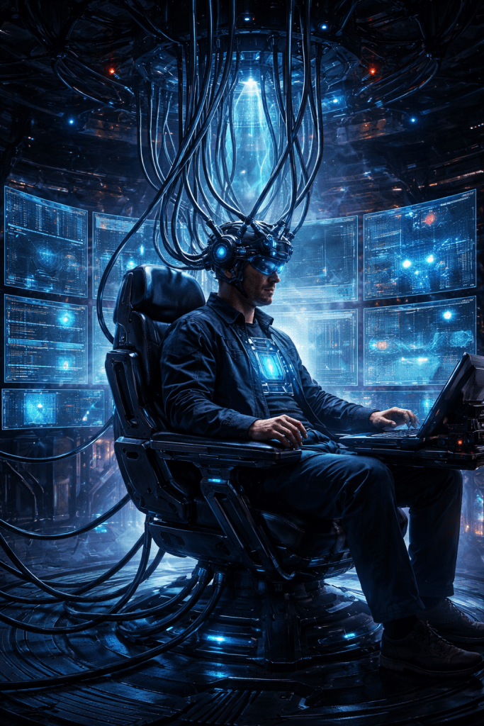 A fantasy image of a helmeted man in a seat attached by cables to an AI and working as a human in the loop.