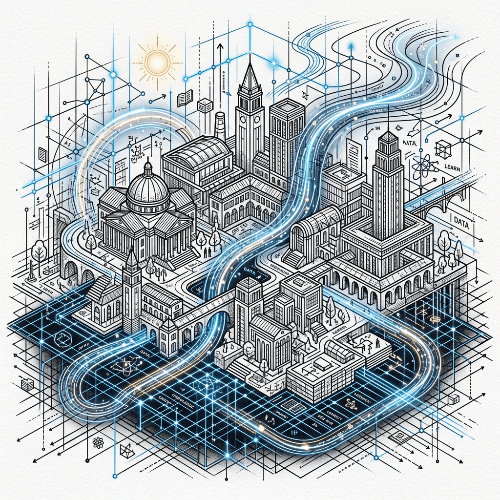 Isometric cityscape with glowing data streams and network connections
